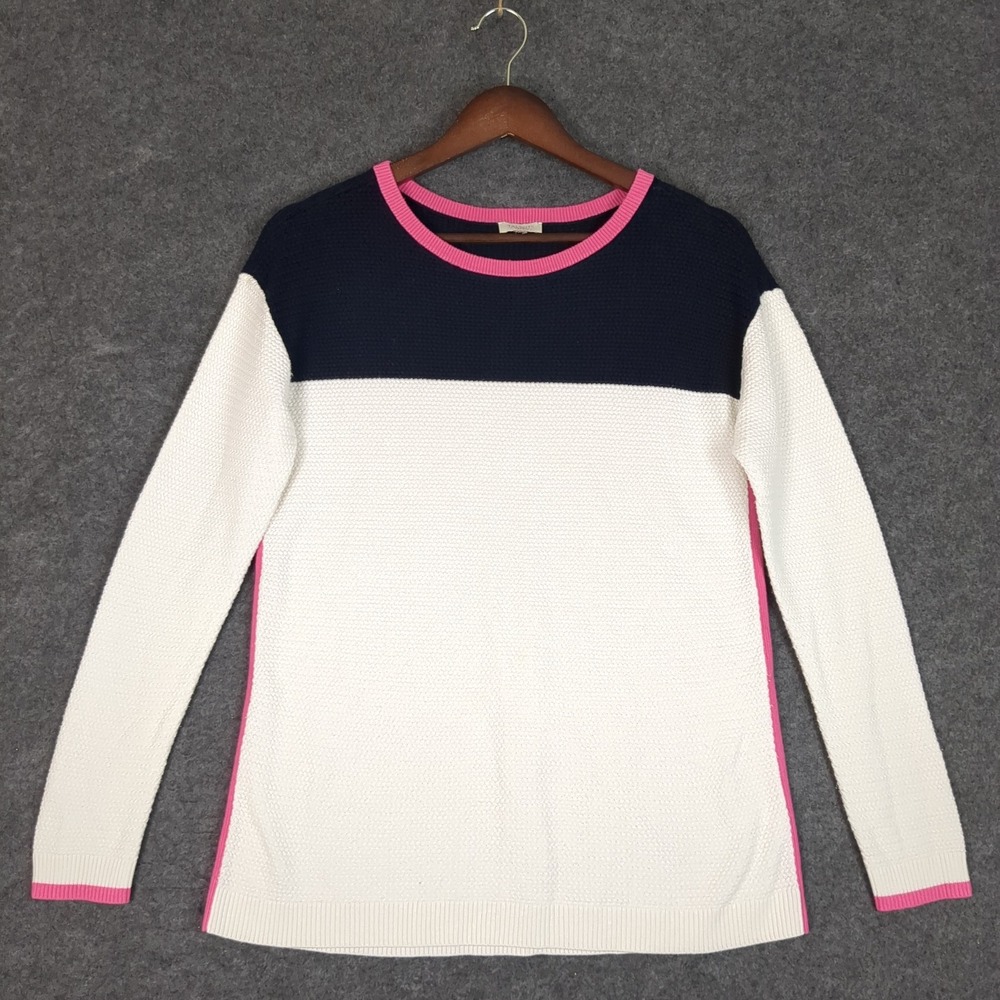 Talbots Women Colorblock Knit Sweater Navy Blue White Pink Crew Neck Long Sleeve - Picture 2 of 11